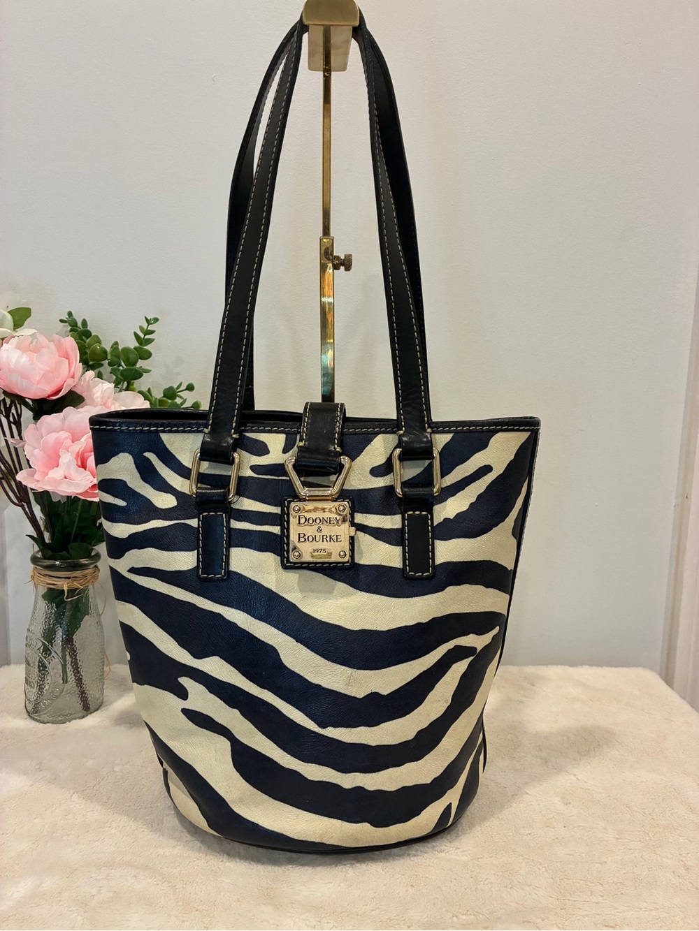 Dooney & Bourke Black and Cream Zebra-Print Tote with Leather Trim